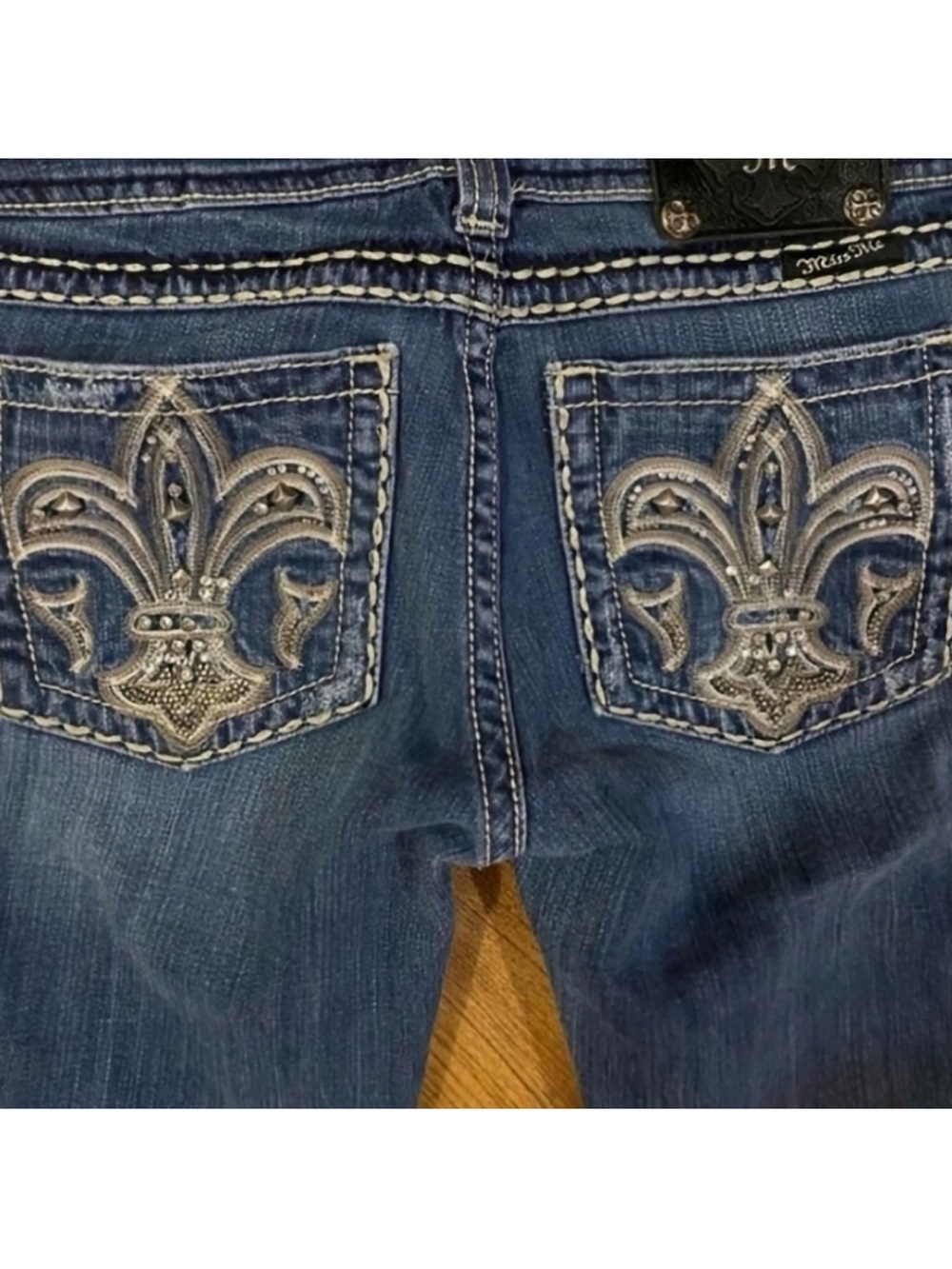 Gorgeous Miss Me Boot Jeans With Embellished Fleur-de-Lis Pockets 34” Inseam